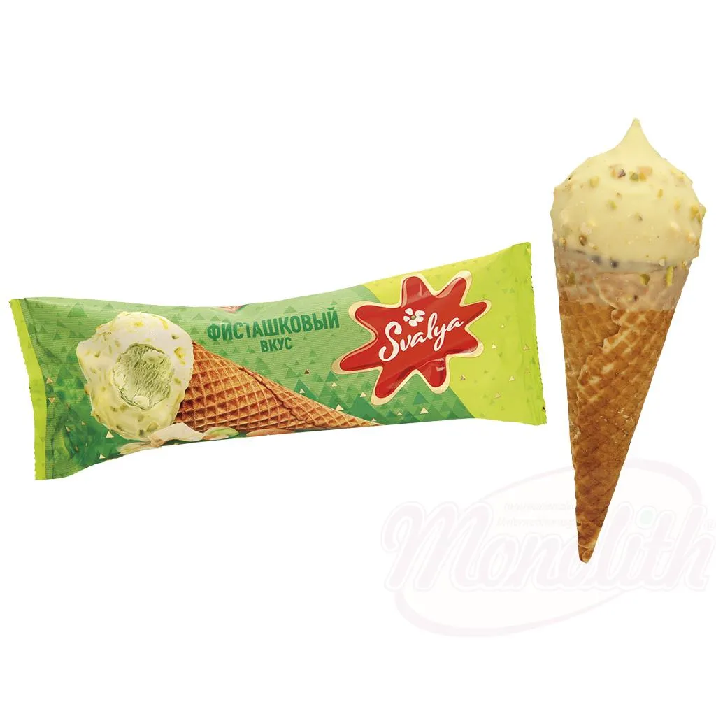 Glace goût pistache, dans un cornet gaufré