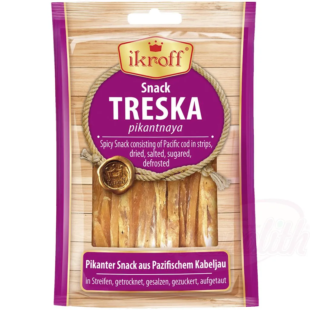 "IKROFF" Pimentés Snack à base de morue du Pacifique en lamelles, séchées, salées, sucré, décongelé.